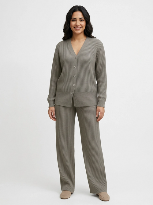 Eleeza Ribbed Button-Up Lounge Set